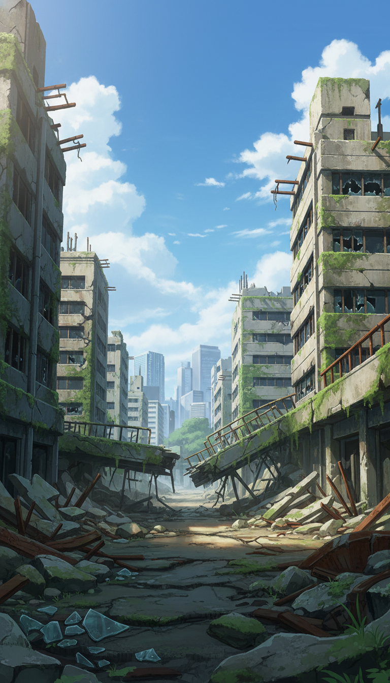 【無料配布】廃墟の背景イラスト/縦長— copainter ユーザーは商用可・無償で利用可