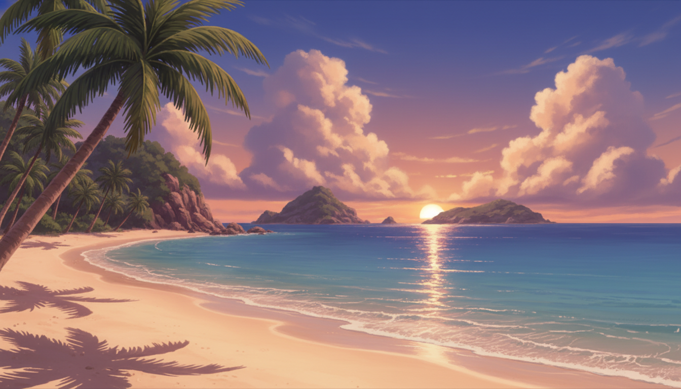 建物を背景にビーチに沈む夕日の写真 – Unsplashの夏の無料画像, image size:1344x768