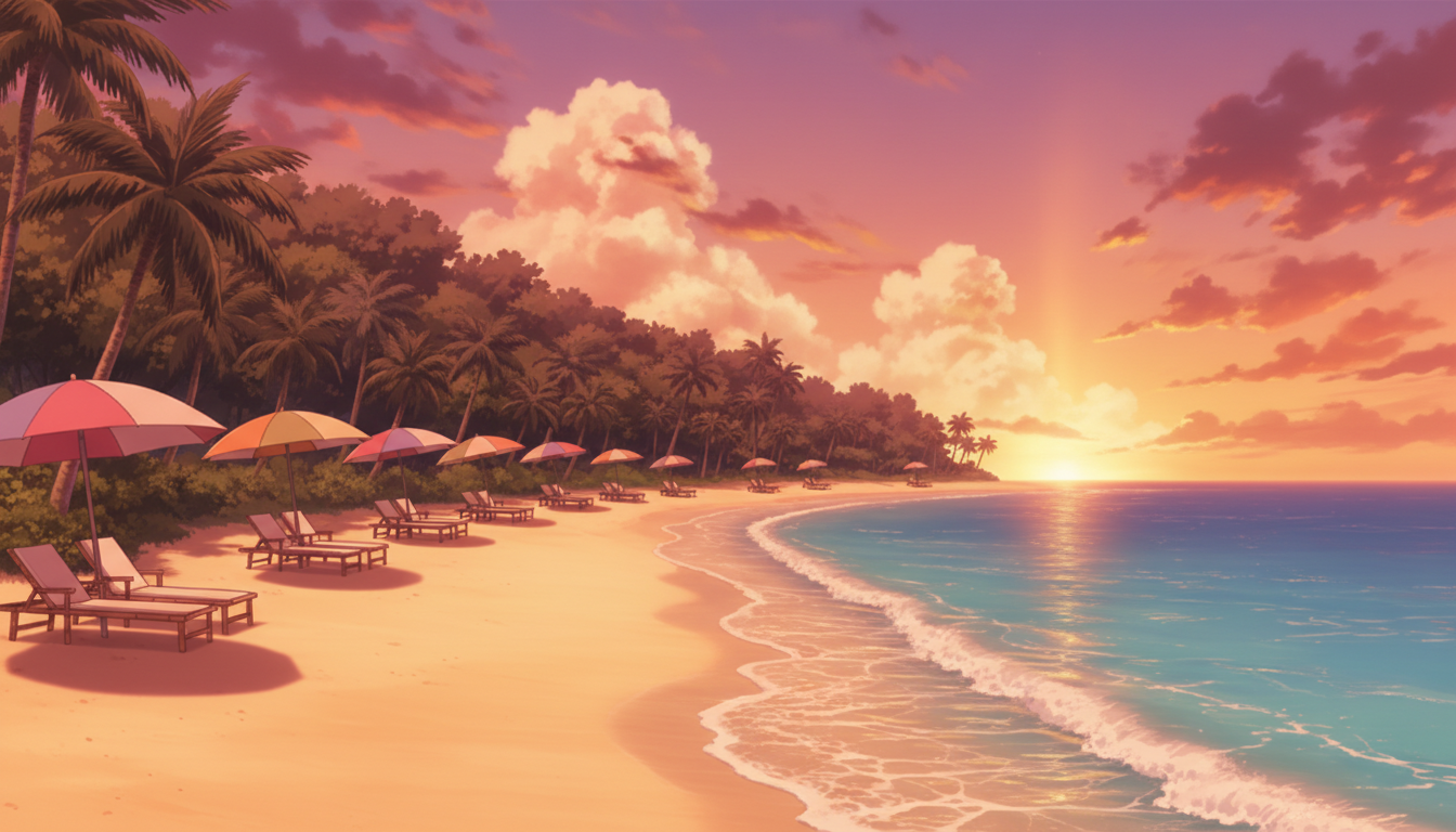 絵画風 壁紙ポスター 夕焼けのビーチ 夕陽とヤシの木 カリブ海 楽園2 ヤシの木と波と海の景色のある熱帯の夕日のビーチアート 海の景色 夏のイラスト  鮮やかなデジタル5, 海の景色, 夏のビーチのイラスト, ビーチの風景背景 壁紙画像素材無料ダウンロード - Pngtree, image size:1344x768