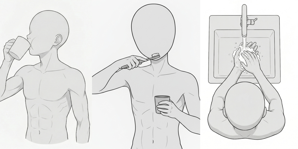 Free male pose base set at a bathroom sink. Free for commercial use; editing, modification, and tracing allowed.