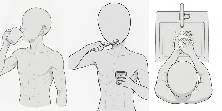 Free male pose base set at a bathroom sink. Free for commercial use; editing, modification, and tracing allowed.